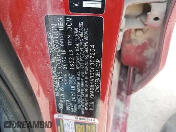 2013 Kia Rio LX with VIN KNADM4A30D6307304, listed as a Copart auction lot 66700254 with Not Provided miles and Salvage Title. Bid and sale history available at DreamBid. Image 12.