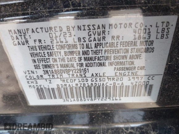 2023 Nissan Sentra SR with VIN 3N1AB8DV8PY229161, listed as a IAAI auction lot 41914100 with 14,948 mi miles and . Bid and sale history available at DreamBid. Image 9.