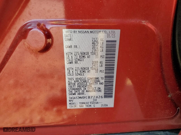 2015 Nissan Rogue SL with VIN 5N1AT2MV0FC877426, listed as a Copart auction lot 51425125 with 82,040 mi miles and Salvage Title. Bid and sale history available at carsss.com. Image 14.