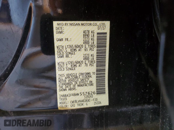 2017 Nissan Titan XD SL with VIN 1N6BA1F46HN557626, listed as a Copart auction lot 41450835 with 72,757 mi miles and Clean Title. Bid and sale history available at carsss.com. Image 14.
