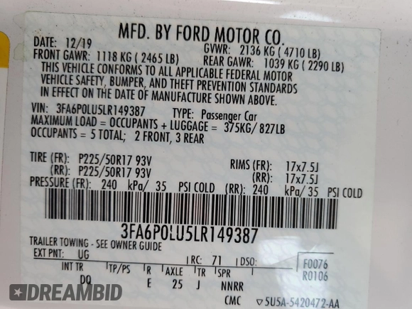 2020 Ford Fusion SE z VIN 3FA6P0LU5LR149387, wystawiony jako Copart lot #60156785 z przebiegiem 85 864 mil mil oraz Szkoda całkowita • Salvage title. Historia ofert i sprzedaży dostępna na DreamBid. Obrazek 12.