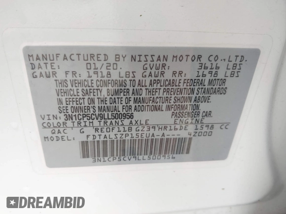 2020 Nissan Kicks SV with VIN 3N1CP5CV9LL500956, listed as a IAAI auction lot 42164189 with 51,678 mi miles and . Bid and sale history available at DreamBid. Image 9.