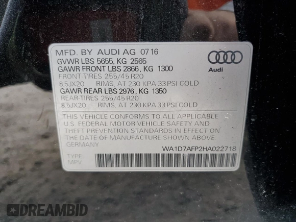 2017 Audi Q5 Premium Plus with VIN WA1D7AFP2HA022718, listed as a Copart auction lot 43852775 with 78,652 mi miles and Salvage title. Bid and sale history available at DreamBid. Image 15.