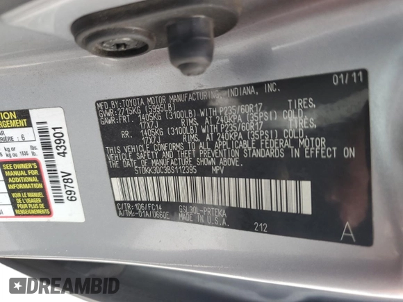 2011 Toyota Sienna LE AAS with VIN 5TDKK3DC3BS112395, listed as a Copart auction lot 48169005 with 179,801 mi miles and Salvage Title. Bid and sale history available at DreamBid. Image 14.