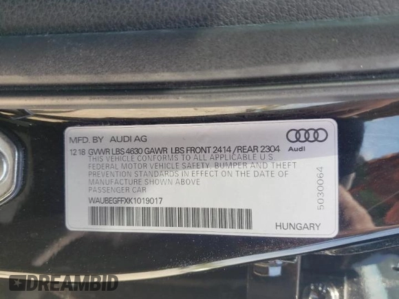 2019 Audi A3 Sedan Premium with VIN WAUBEGFFXK1019017, listed as a Copart auction lot 52562444 with 36,129 mi miles. Bid and sale history available at carsss.com. Image 12.