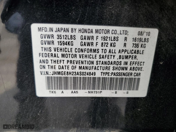 2010 Honda Fit with VIN JHMGE8H23AS024849, listed as a Copart auction lot 53189905 with 90,885 mi miles and Salvage Title. Bid and sale history available at carsss.com. Image 14.
