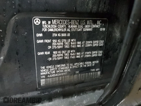 1999 Mercedes-Benz M-Class with VIN 4JGAB54E3XA101177, listed as a Copart auction lot 78703184 with 236,957 mi miles and Salvage Title. Bid and sale history available at carsss.com. Image 13.