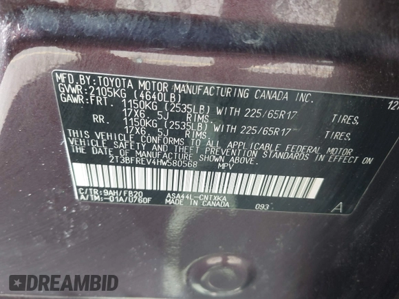 2017 Toyota RAV4 LE with VIN 2T3BFREV4HW580568, listed as a IAAI auction lot 42100704 with 157,300 mi miles and . Bid and sale history available at DreamBid. Image 9.