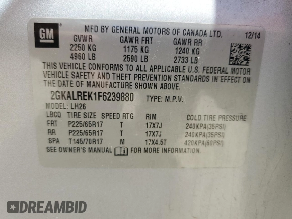 2015 GMC Terrain SLE with VIN 2GKALREK1F6239880, listed as a Copart auction lot 53685285 with 120,281 mi miles and Salvage Title. Bid and sale history available at carsss.com. Image 13.