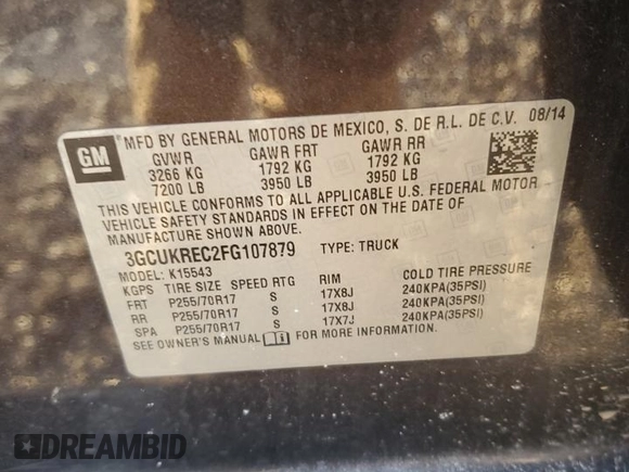 2015 Chevrolet Silverado 1500 LT with VIN 3GCUKREC2FG107879, listed as a Copart auction lot 41915375 with 123,952 mi miles and Salvage Title. Bid and sale history available at DreamBid. Image 13.