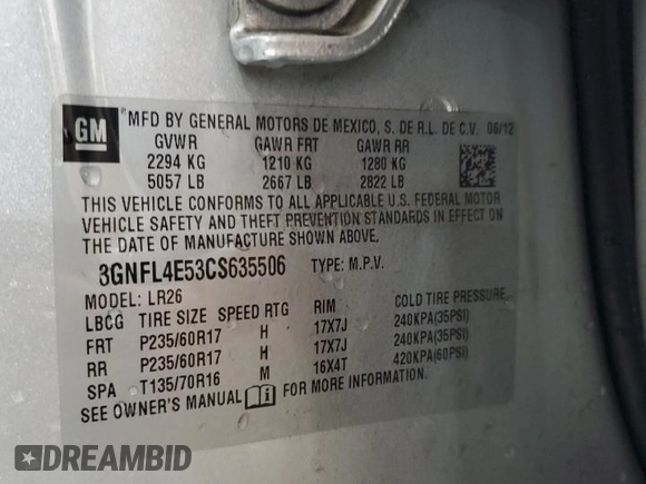 2012 Chevrolet Captiva Sport LTZ with VIN 3GNFL4E53CS635506, listed as a Copart auction lot 71396804 with 114,244 mi miles and Salvage Title. Bid and sale history available at DreamBid. Image 14.
