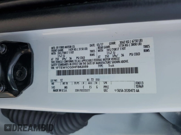 2017 Ford F-150 XL with VIN 1FTEW1CG3HFB82059, listed as a Copart auction lot 57812275 with 181,174 mi miles and Salvage title. Bid and sale history available at DreamBid. Image 13.