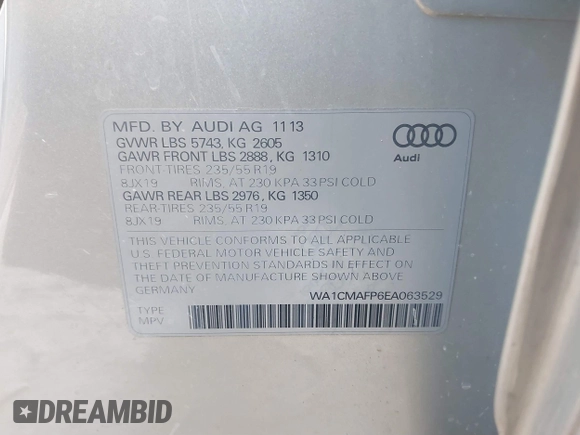 2014 Audi Q5 Premium Plus with VIN WA1CMAFP6EA063529, listed as a IAAI auction lot 41705364 with 154,501 mi miles and . Bid and sale history available at DreamBid. Image 9.