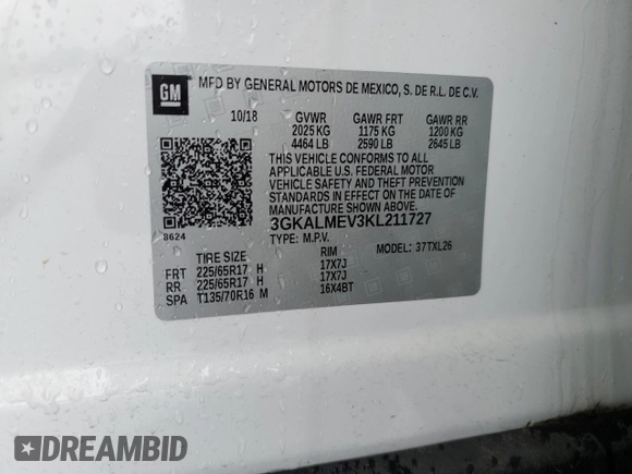 2019 GMC Terrain SLE with VIN 3GKALMEV3KL211727, listed as a Copart auction lot 58588105 with 49,482 mi miles and Salvage title. Bid and sale history available at DreamBid. Image 13.