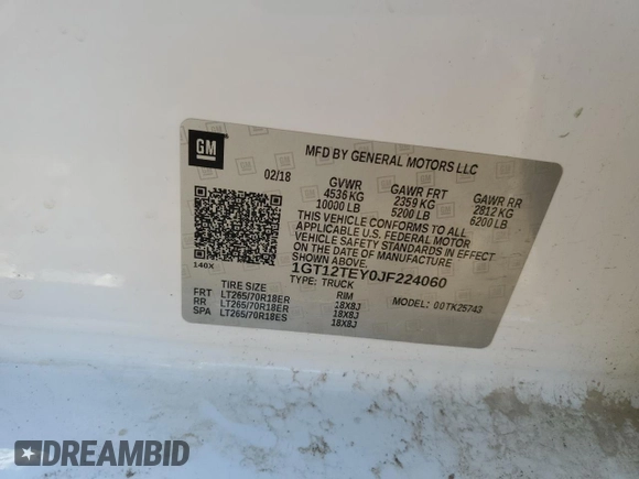 2018 GMC Sierra 2500HD SLT with VIN 1GT12TEY0JF224060, listed as a Copart auction lot 85872984 with 0 mi miles and Salvage Title. Bid and sale history available at carsss.com. Image 12.