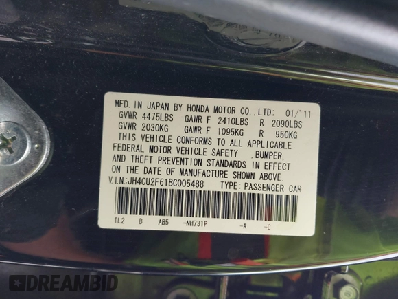 2011 Acura TSX with VIN JH4CU2F61BC005488, listed as a IAAI auction lot 42572181 with 140,397 mi miles and . Bid and sale history available at DreamBid. Image 9.
