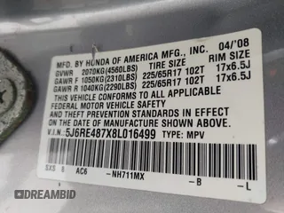 2008 Honda CR-V EX-L with VIN 5J6RE487X8L016499, listed as a IAAI auction lot 41842294 with 237,510 mi miles. Bid and sale history available at carsss.com. Image 9.