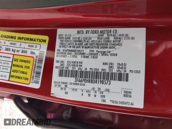 2013 Ford Fusion SE with VIN 3FA6P0HR8DR198573, listed as a IAAI auction lot 42113230 with 205,610 mi miles. Bid and sale history available at carsss.com. Image 9.
