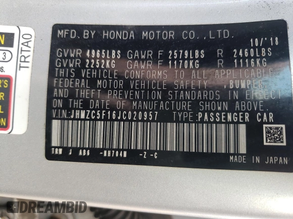 2018 Honda Clarity Plug-In Hybrid with VIN JHMZC5F16JC020957, listed as a Copart auction lot 58103544 with 117,141 mi miles and Salvage Title. Bid and sale history available at carsss.com. Image 15.