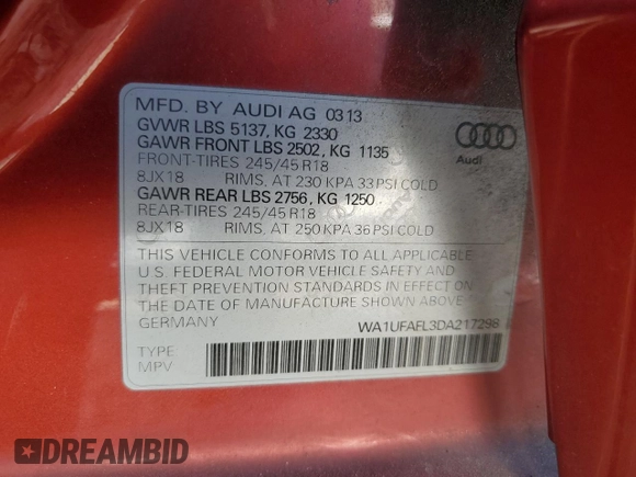 2013 Audi allroad Premium Plus with VIN WA1UFAFL3DA217298, listed as a Copart auction lot 76786314 with 143,028 mi miles and Salvage Title. Bid and sale history available at carsss.com. Image 13.