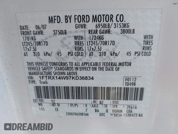2007 Ford F-150 STX with VIN 1FTRX14W97KD36834, listed as a IAAI auction lot 42548806 with 207,391 mi miles and . Bid and sale history available at DreamBid. Image 9.