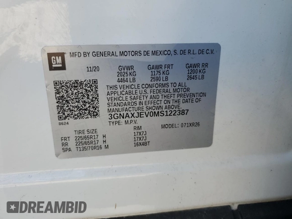 2021 Chevrolet Equinox LT with VIN 3GNAXJEV0MS122387, listed as a Copart auction lot 59725275 with 99,509 mi miles and Salvage title. Bid and sale history available at DreamBid. Image 14.