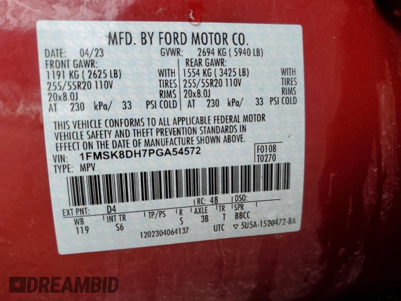 2023 Ford Explorer XLT с VIN 1FMSK8DH7PGA54572, выставлен на аукционе Copart как лот 55554925 с пробегом 35 686 миль миль и Чистый • Clean title. История ставок и продаж доступна на DreamBid. Изображение 14.