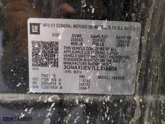 2020 Chevrolet Equinox LT with VIN 3GNAXUEV7LL316604, listed as a Copart auction lot 46686915 with 71,793 mi miles and Salvage Title. Bid and sale history available at carsss.com. Image 14.