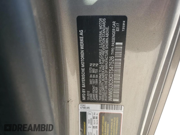 2013 MINI Hardtop with VIN WMWSU3C5XDT547526, listed as a Copart auction lot 56756445 with Not Provided miles and Clean Title. Bid and sale history available at DreamBid. Image 12.