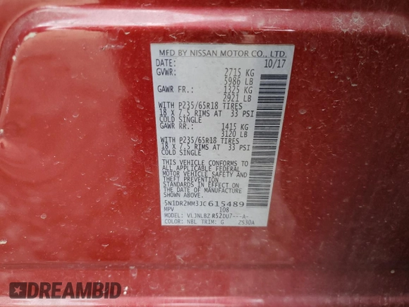 2018 Nissan Pathfinder SL z VIN 5N1DR2MM3JC615489, wystawiony jako Copart lot #54064775 z przebiegiem 71 729 mil mil oraz Szkoda całkowita • Salvage title. Historia ofert i sprzedaży dostępna na DreamBid. Obrazek 14.