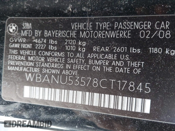 2008 BMW 5 Series 528i with VIN WBANU53578CT17845, listed as a IAAI auction lot 42261326 with 115,411 mi miles and . Bid and sale history available at DreamBid. Image 9.