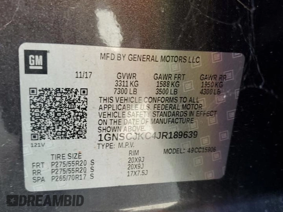 2018 Chevrolet Suburban Premier with VIN 1GNSCJKC4JR189639, listed as a Copart auction lot 64221035 with 110,256 mi miles and Salvage title. Bid and sale history available at DreamBid. Image 13.