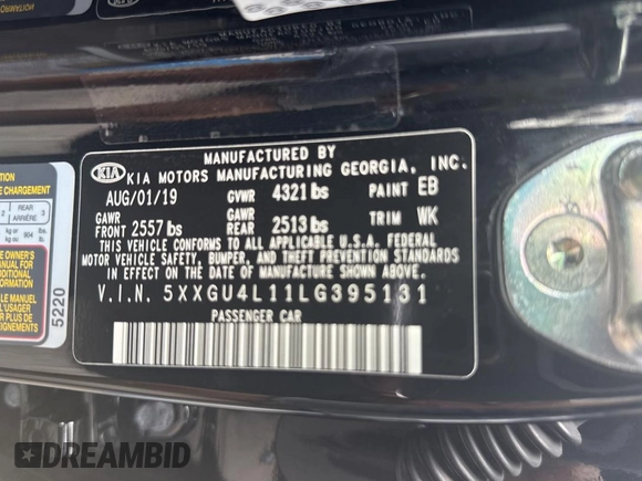 2020 Kia Optima EX Premium with VIN 5XXGU4L11LG395131, listed as a Copart auction lot 46307065 with 39,488 mi miles and Salvage Title. Bid and sale history available at carsss.com. Image 10.