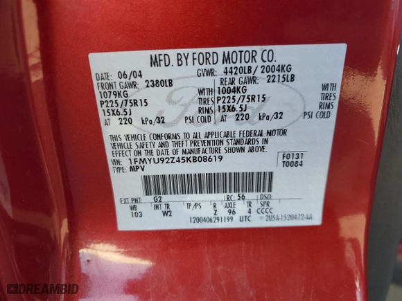 2005 Ford Escape XLS Value with VIN 1FMYU92Z45KB08619, listed as a Copart auction lot 80997664 with 132,417 mi miles and Clean Title. Bid and sale history available at carsss.com. Image 13.
