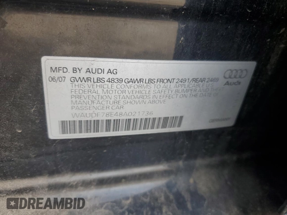 2008 Audi A4 2.0T with VIN WAUDF78E48A021736, listed as a Copart auction lot 54341175 with 184,165 mi miles and Clean Title. Bid and sale history available at carsss.com. Image 12.