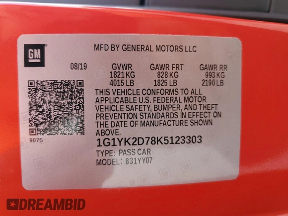 2019 Chevrolet Corvette Z51 2LT with VIN 1G1YK2D78K5123303, listed as a Copart auction lot 70470654 with 25,179 mi miles and Salvage Title. Bid and sale history available at carsss.com. Image 15.