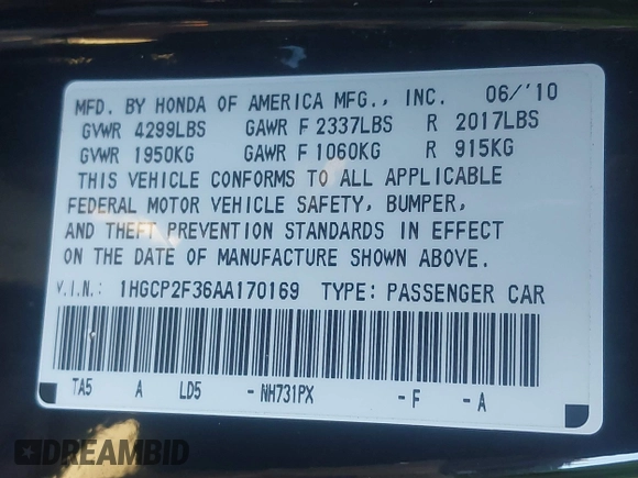 2010 Honda Accord LX z VIN 1HGCP2F36AA170169, wystawiony jako IAAI lot #41181657 z przebiegiem 100 613 mil mil oraz . Historia ofert i sprzedaży dostępna na DreamBid. Obrazek 9.