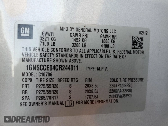 2012 Chevrolet Tahoe LTZ with VIN 1GNSCCE04CR244011, listed as a Copart auction lot 80465164 with Not provided miles and Salvage title. Bid and sale history available at DreamBid. Image 12.
