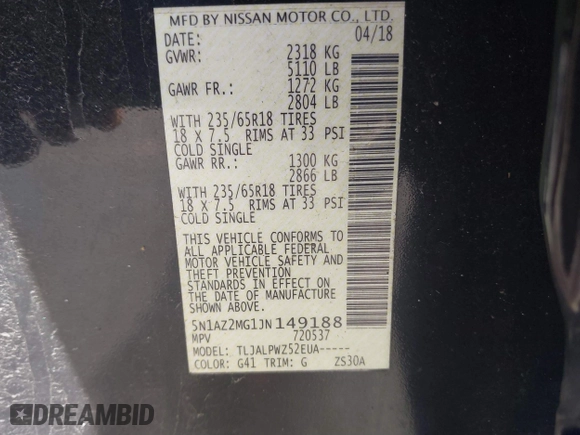 2018 Nissan Murano Platinum with VIN 5N1AZ2MG1JN149188, listed as a IAAI auction lot 41757053 with 144,221 mi miles. Bid and sale history available at carsss.com. Image 9.