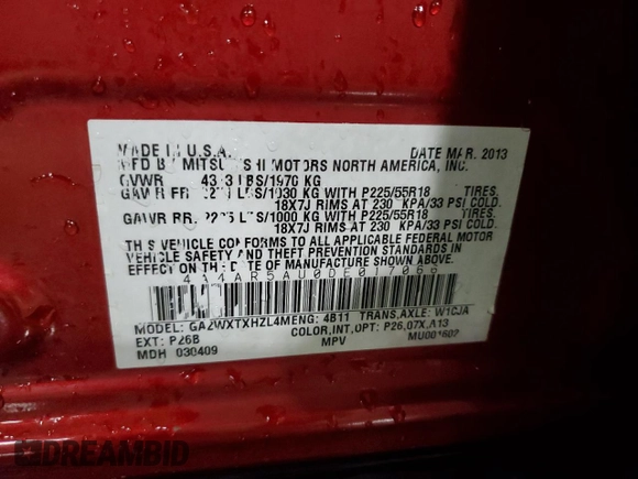 2013 Mitsubishi Outlander Sport LE with VIN 4A4AR5AU0DE017066, listed as a Copart auction lot 52546365 with 221,093 mi miles and Salvage Title. Bid and sale history available at carsss.com. Image 14.