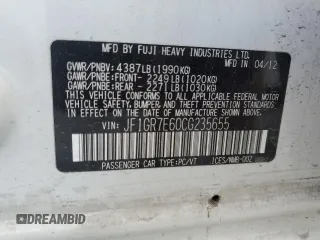 2012 Subaru WRX WRX Limited z VIN JF1GR7E60CG235655, wystawiony jako Copart lot #55921875 z przebiegiem 161 226 mil mil oraz Szkoda całkowita • Salvage title. Historia ofert i sprzedaży dostępna na DreamBid. Obrazek 12.