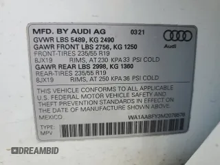 2021 Audi Q5 with VIN WA1AABFY3M2078576, listed as a Copart auction lot 55746134 with 56,350 mi miles and Clean title. Bid and sale history available at DreamBid. Image 13.