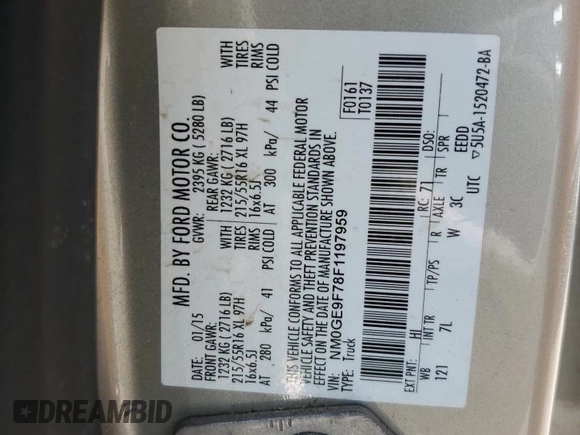 2015 Ford Transit Connect XLT with VIN NM0GE9F78F1197959, listed as a Copart auction lot 54489075 with 110,226 mi miles and Clean title. Bid and sale history available at DreamBid. Image 13.