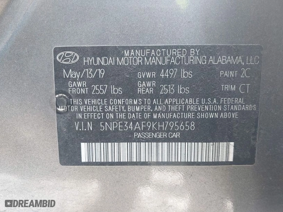 2019 Hyundai Sonata Sport with VIN 5NPE34AF9KH795658, listed as a IAAI auction lot 41408968 with 66,501 mi miles. Bid and sale history available at carsss.com. Image 9.