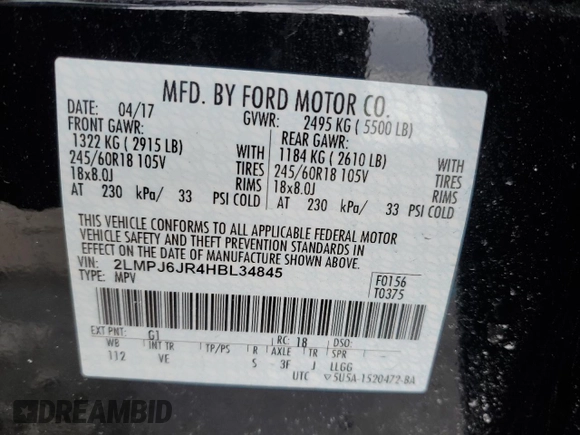 2017 Lincoln MKX Premiere with VIN 2LMPJ6JR4HBL34845, listed as a Copart auction lot 45963755 with 52,646 mi miles and Salvage Title. Bid and sale history available at carsss.com. Image 12.