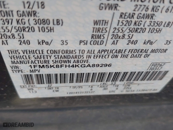 2019 Ford Explorer Limited with VIN 1FM5K8FH4KGA89296, listed as a IAAI auction lot 41968541 with 115,712 mi miles. Bid and sale history available at carsss.com. Image 9.