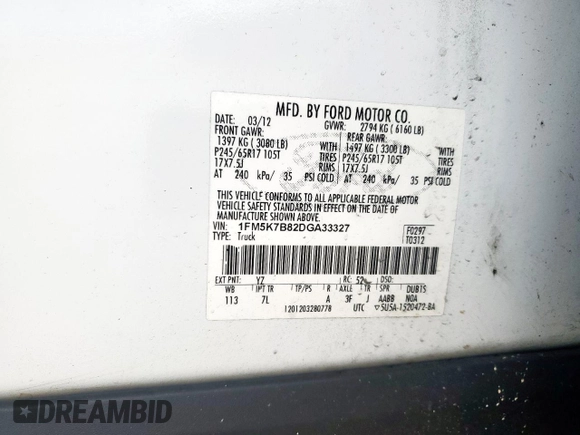 2013 Ford Explorer with VIN 1FM5K7B82DGA33327, listed as a Copart auction lot 62331845 with 113,245 mi miles and Salvage title. Bid and sale history available at DreamBid. Image 13.