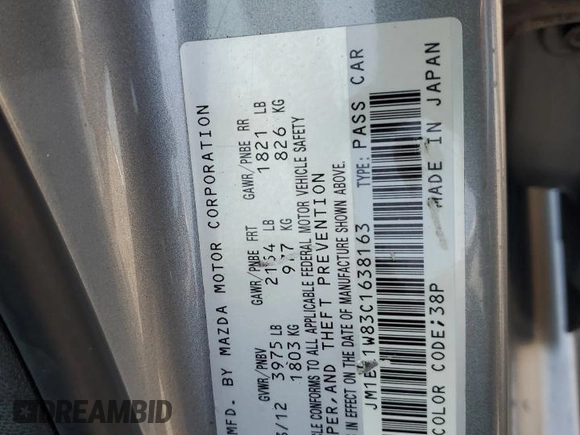 2012 Mazda 3 i Grand Touring with VIN JM1BL1W83C1638163, listed as a Copart auction lot 65781995 with 161,436 mi miles and Salvage title. Bid and sale history available at DreamBid. Image 12.