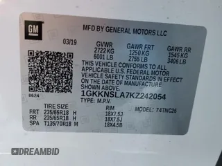 2019 GMC Acadia SLE with VIN 1GKKNSLA7KZ242054, listed as a Copart auction lot 89355525 with 138,275 mi miles and Salvage Title. Bid and sale history available at DreamBid. Image 16.