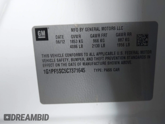 2012 Chevrolet Cruze 1LT with VIN 1G1PF5SC5C7371645, listed as a IAAI auction lot 41746476 with 176,657 mi miles and . Bid and sale history available at DreamBid. Image 9.